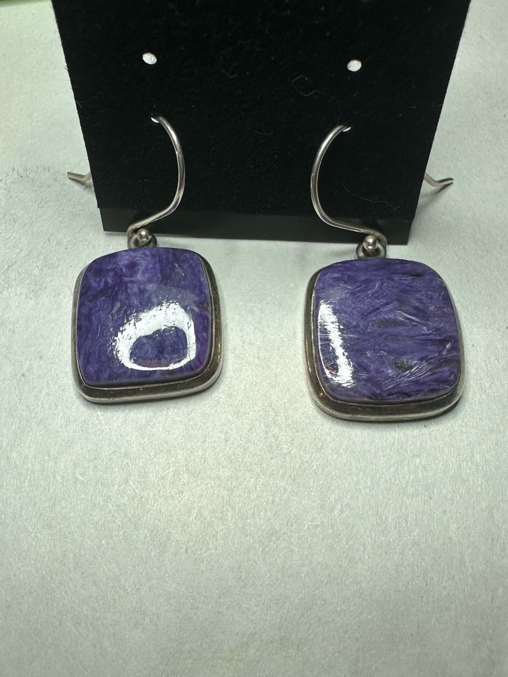 Sterling silver charoite Purple Square Drop Earrings